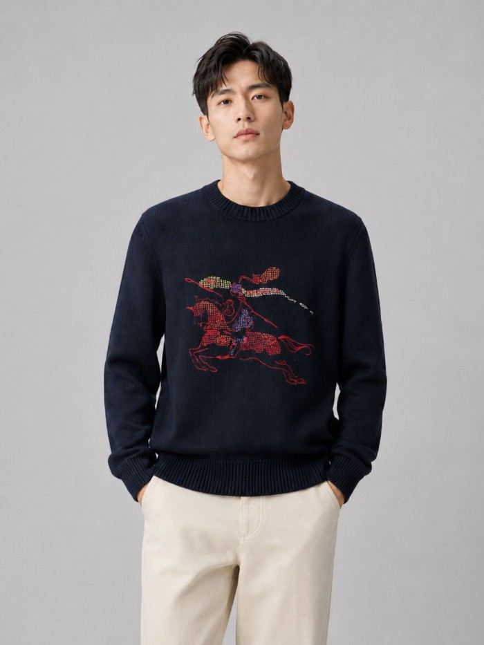 BURBERRY2027 버버리 라운드넥 울 혼방 니트 남자 네이비 