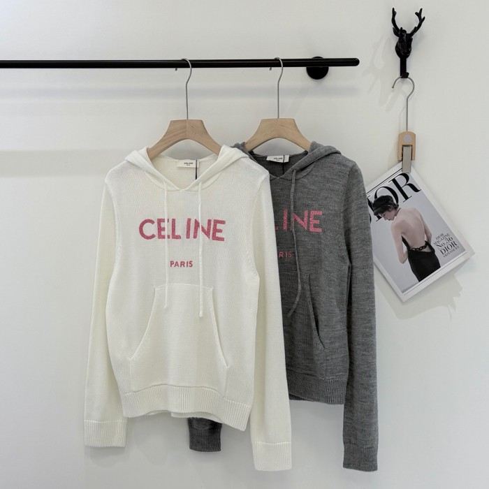 CELINE2002 셀린 후드 울 긴팔티  화이트/회색 